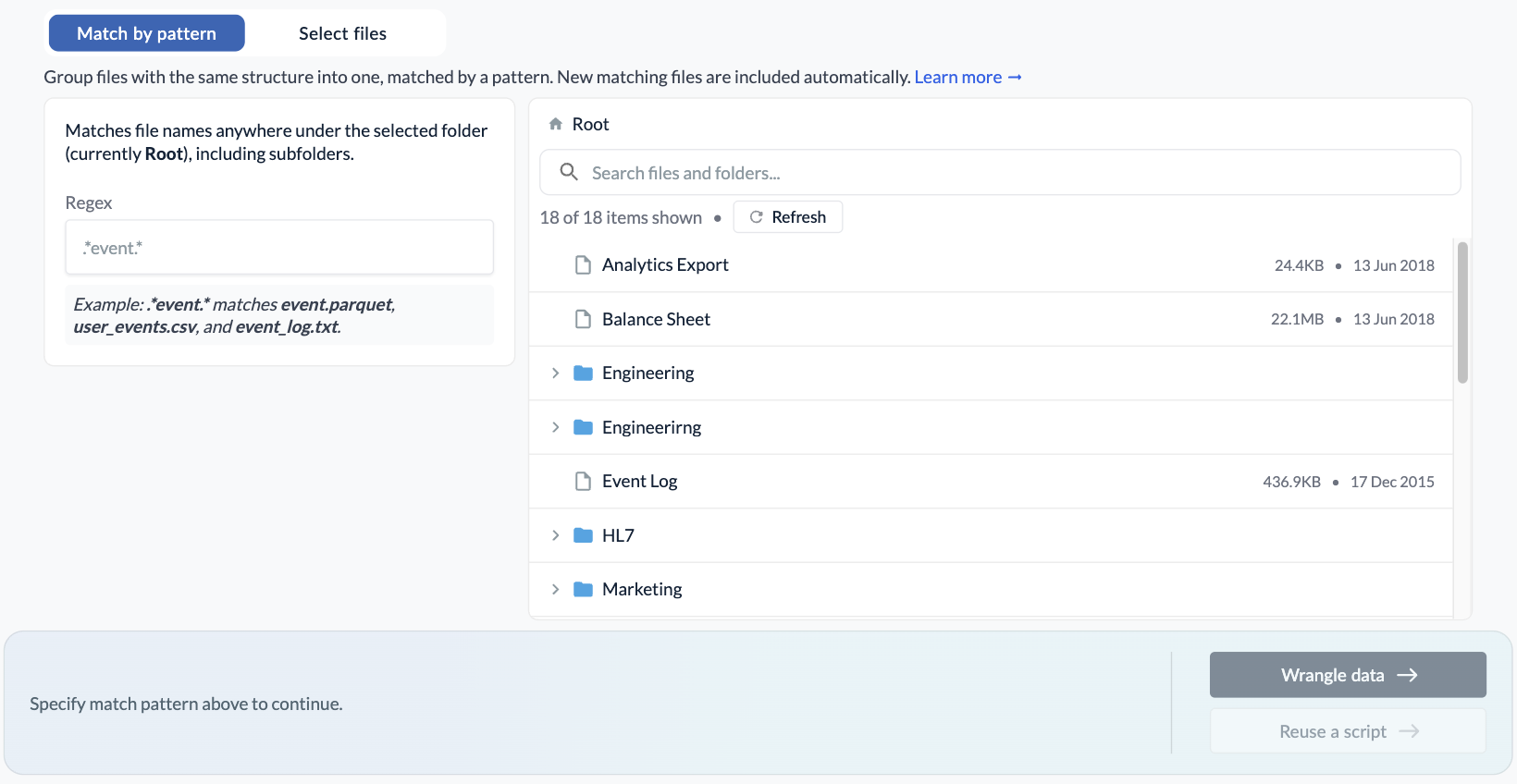 The Match by pattern tab of the file picker