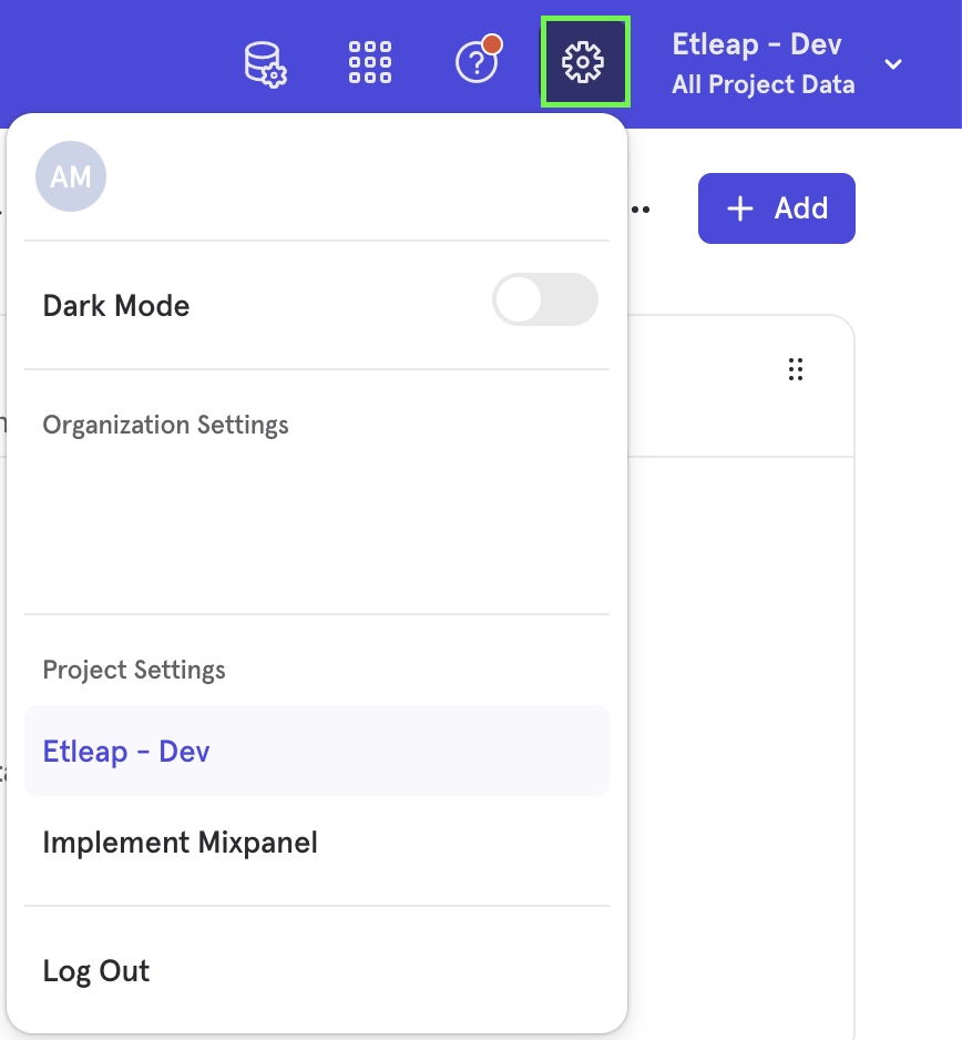 A screenshot of the Mixpanel web console showing the settings menu open.