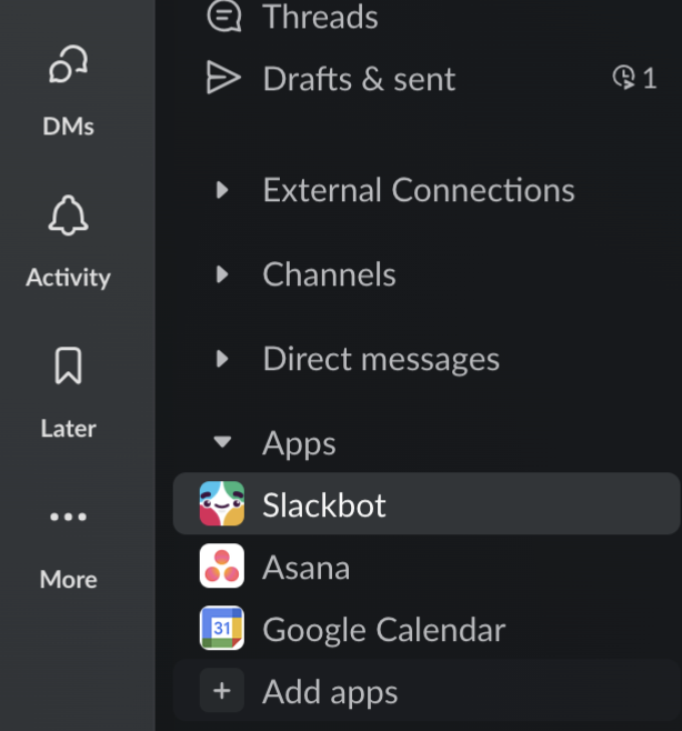 "Add apps" button in Slack menu