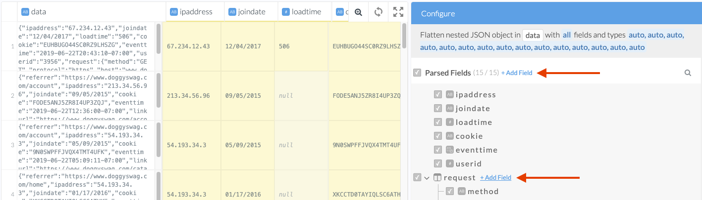 A screenshot of the Wrangler showing the options to add additional fields to the flatten nested json step