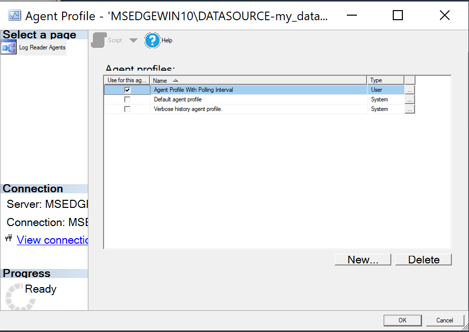 A screenshot of the Agent Profile window in SSMS with the new Agent Profile selected