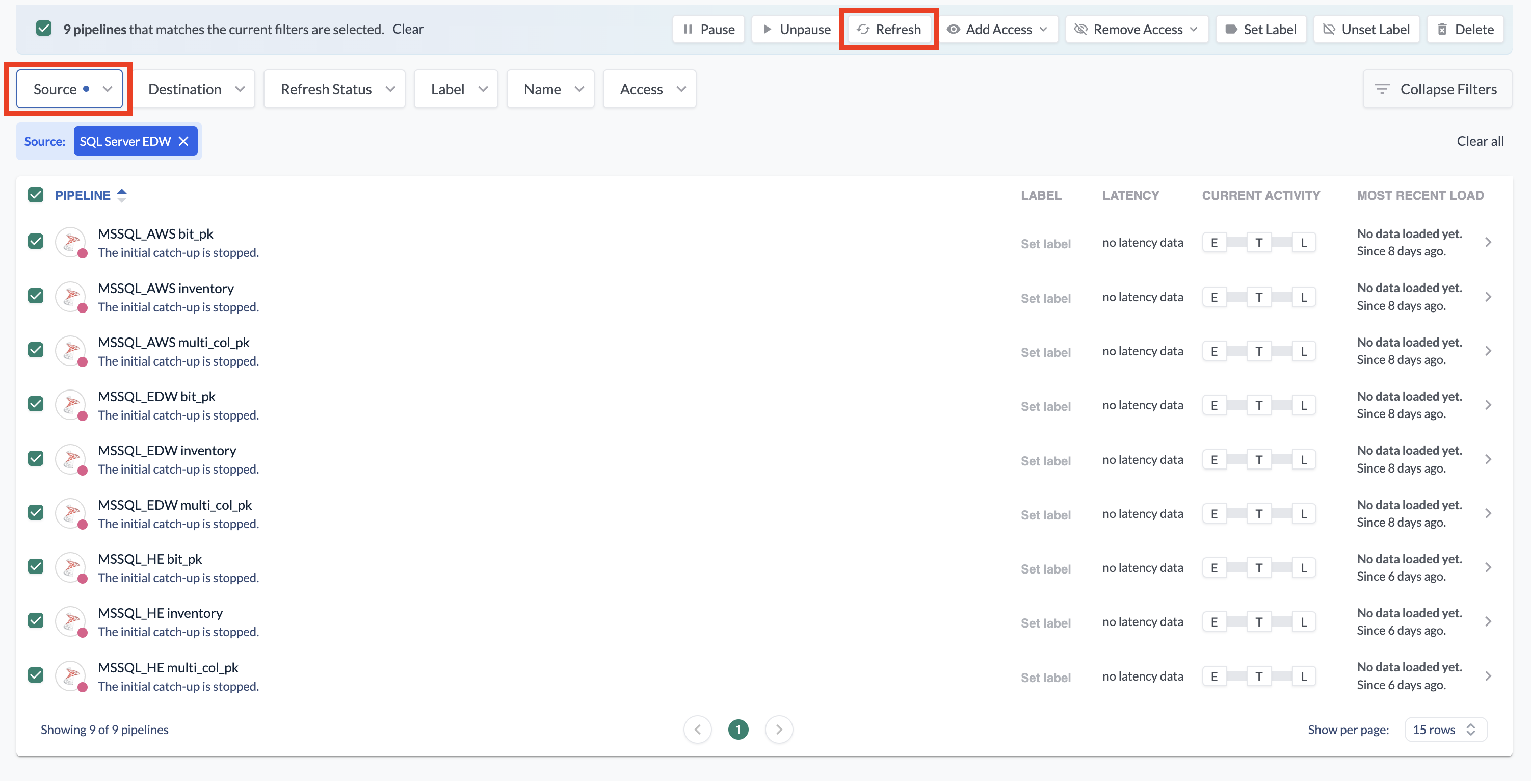 Screenshot of the pipelines list page with an active filter applied by source