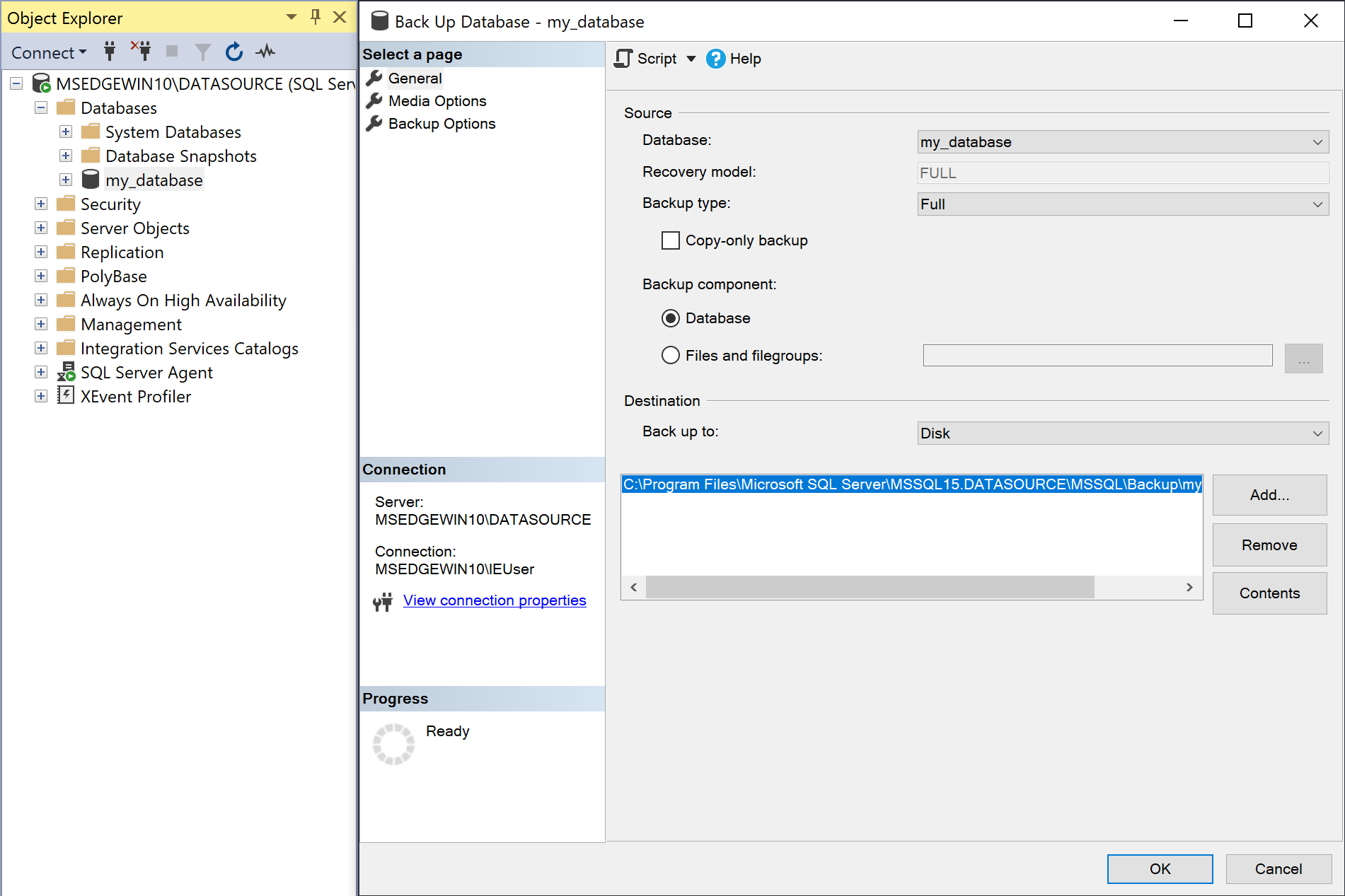 A screenshot of the configuration for the database backup in SSMS