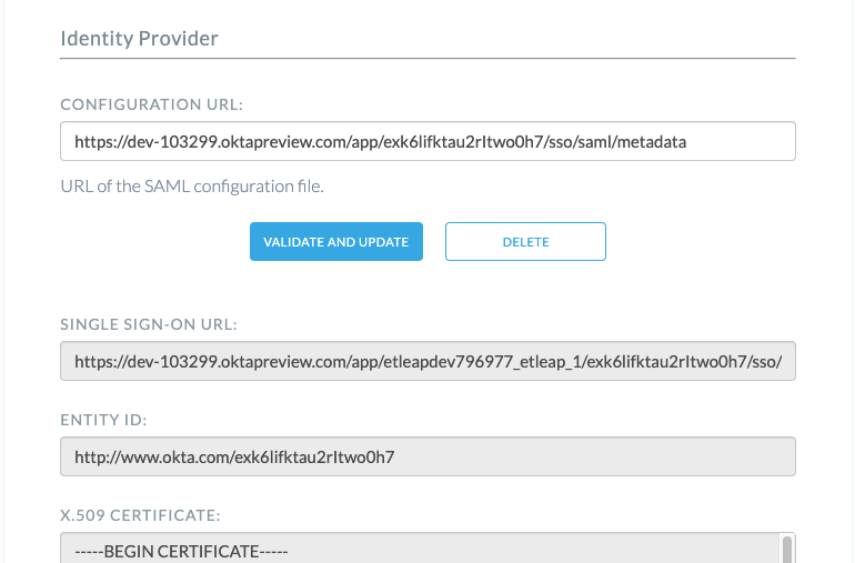 Configuration URL form after importing the SAML configuration