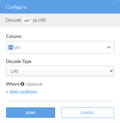 Screen Shot of configuring the Decode transform