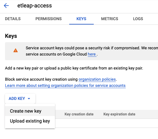 Google Cloud Storage - Create New Key UI
