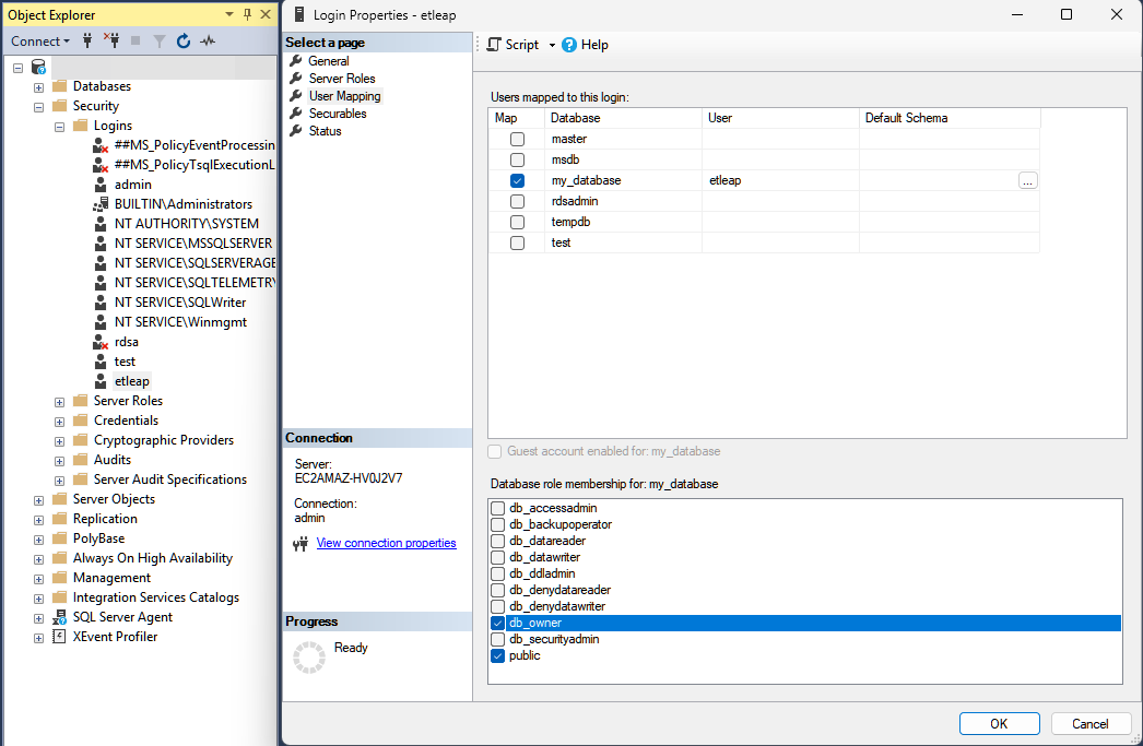 A screenshot of SSMS showing the 'my_database' database selected, as well as the 'db_owner' and 'public' roles