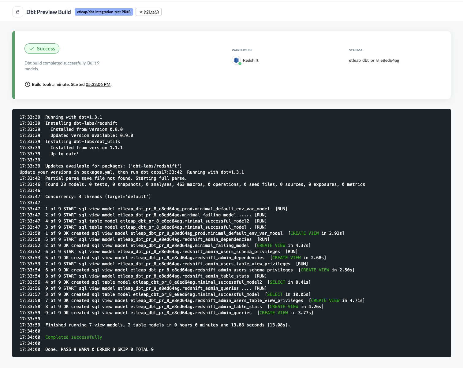 Successful dbt preview build report in Etleap
