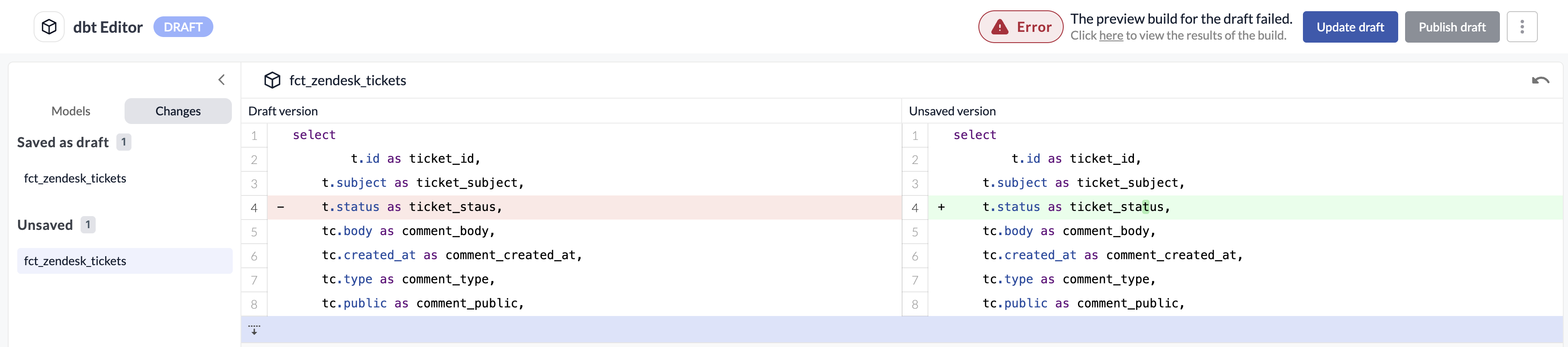 The dbt changes view