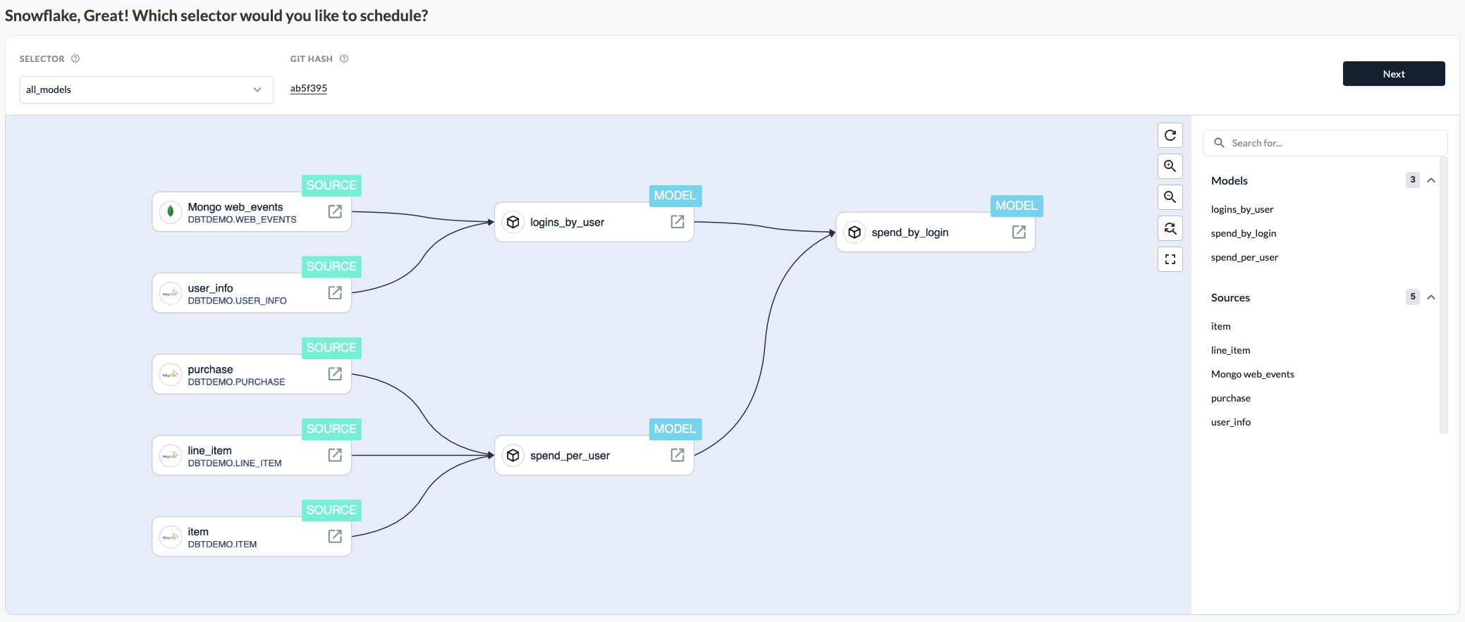 Screenshot of dbt selector page
