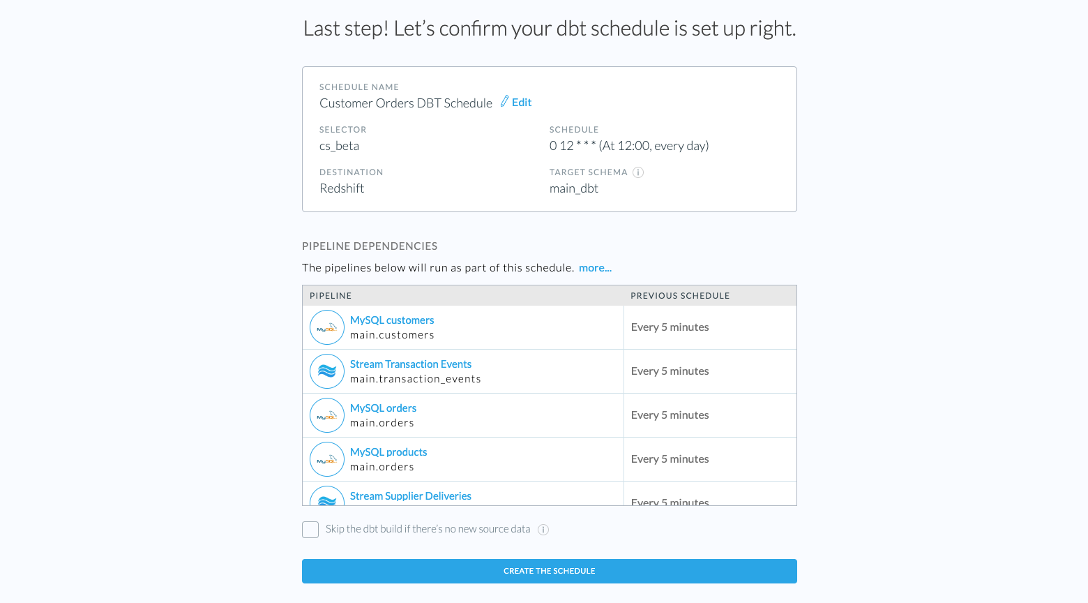 Screenshot dbt Schedule overview page
