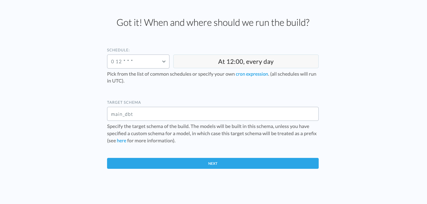 Screenshot of dbt Schedule settings page