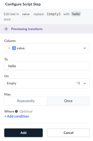 Screenshot of configuring the Edit text transform