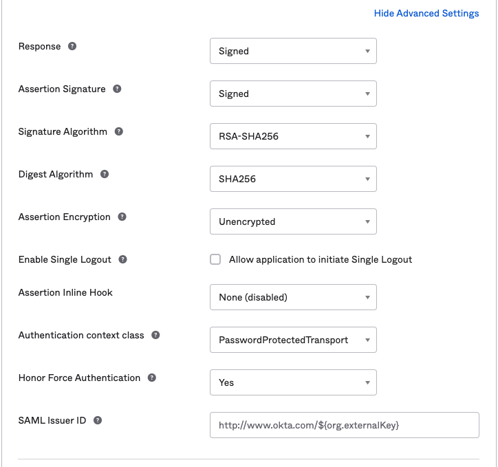 Example advanced settings values