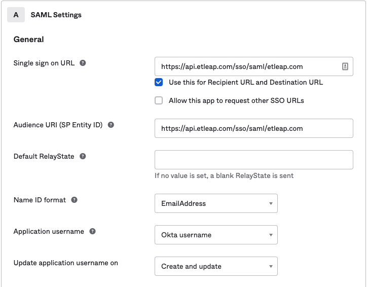 Example general settings values