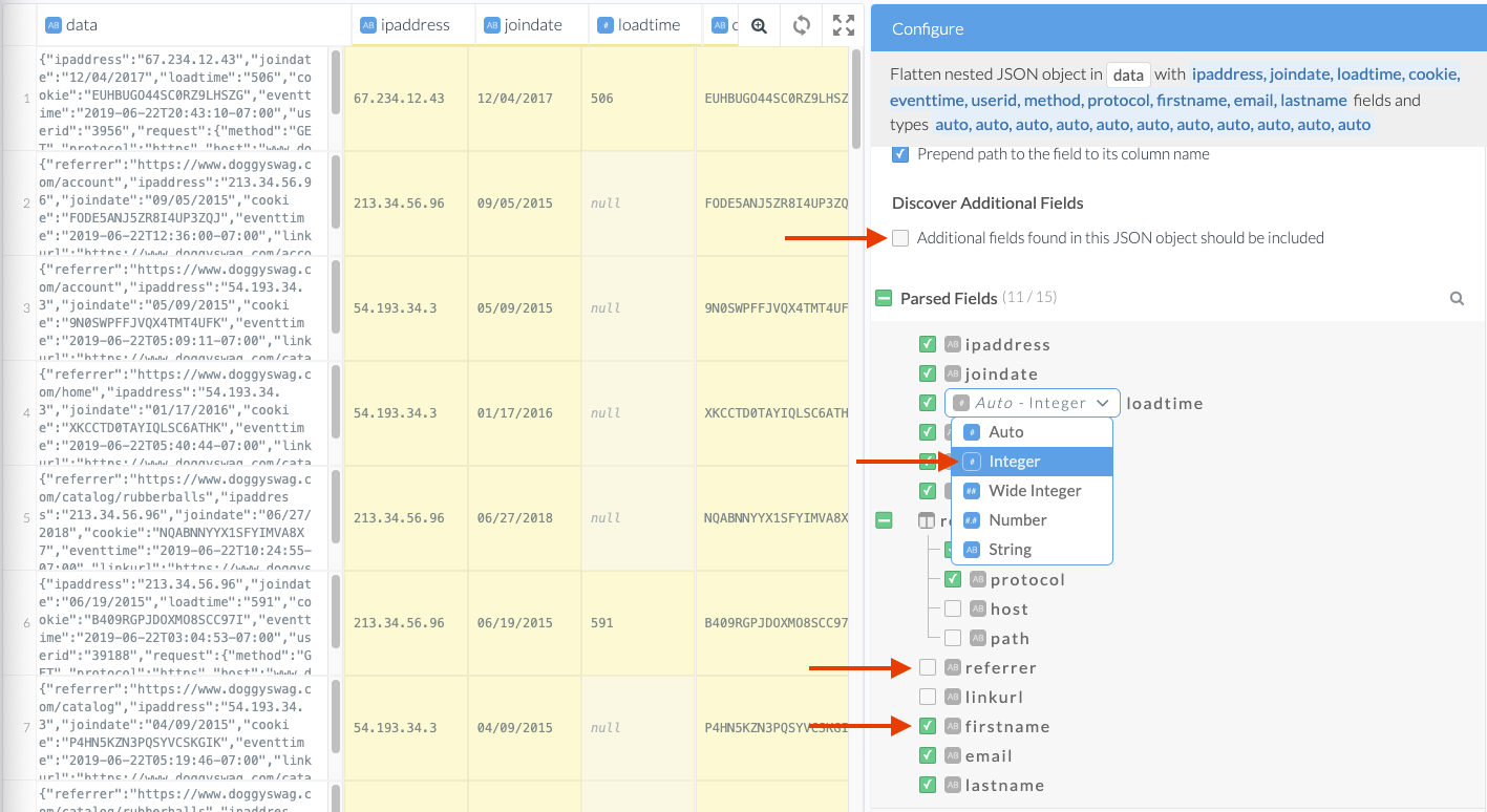 A screenshot of the Wrangler showing the options to exclude nested json fields and set their types