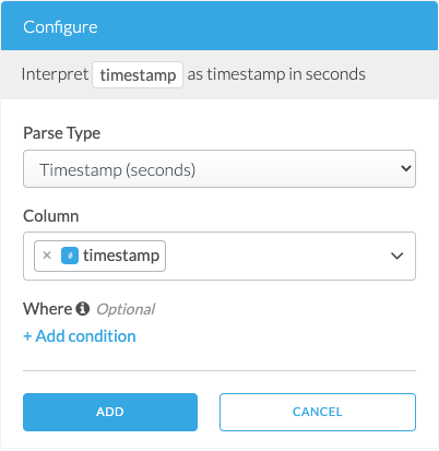 Screenshot of interpret as timestamp transform configuration