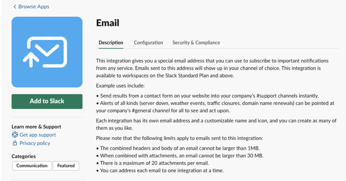 Screenshot of "Email" app in Slack