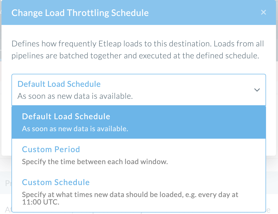 A screenshot of the load throttle setting modal in the Etleap UI