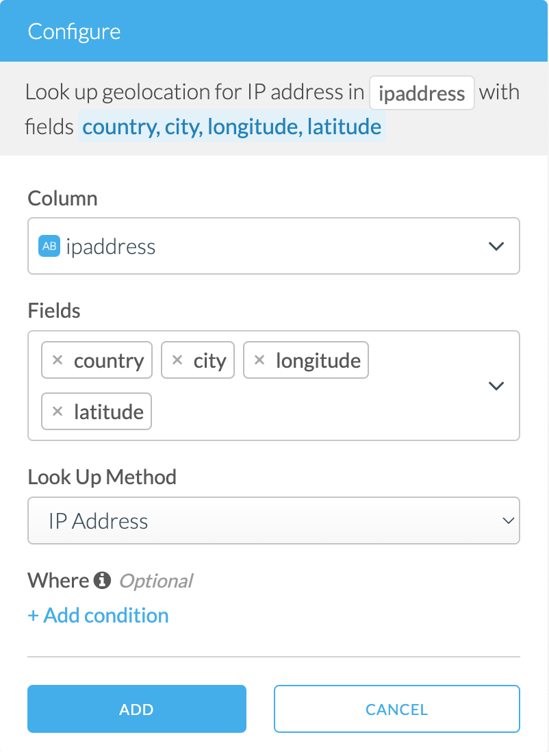 Screenshot of lookup geolocation by IP address transform