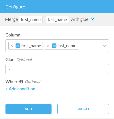 Screenshot of the merge transform configuration