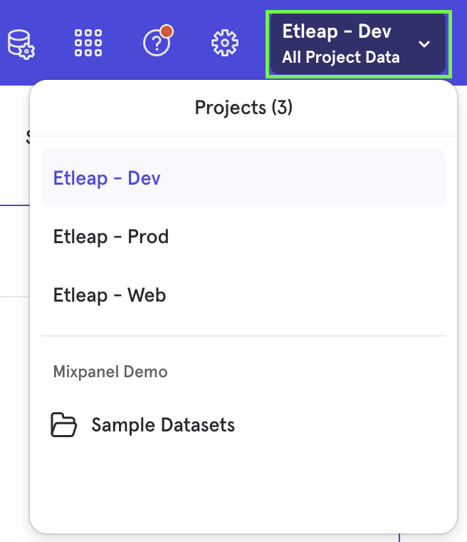 A screenshot of the Mixpanel web console showing the projects menu open.