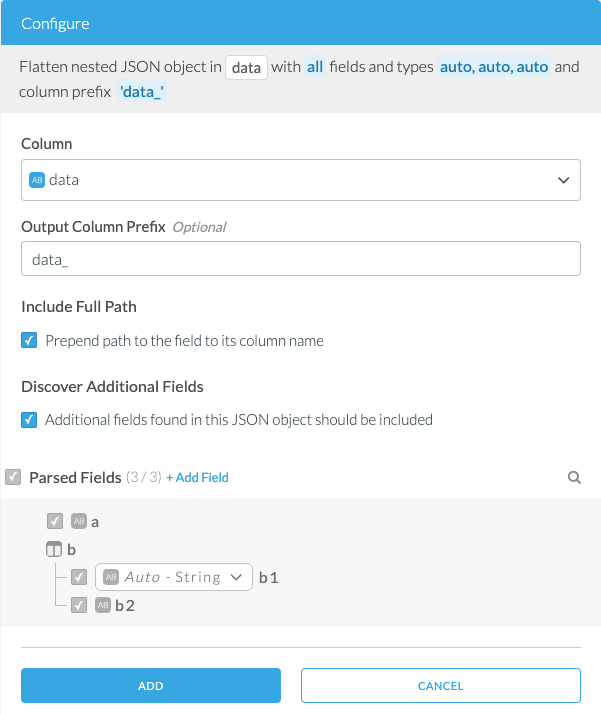 Screen Shot of Flatten JSON Object transform
