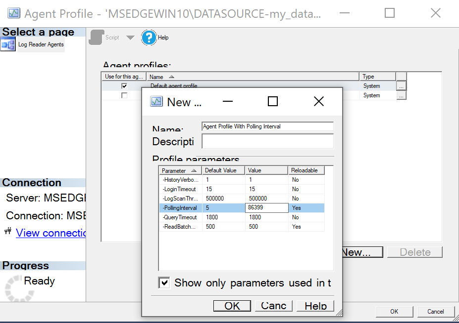 A screenshot of the New Agent Profile window in SSMS showing the Polling Interval set to 86399