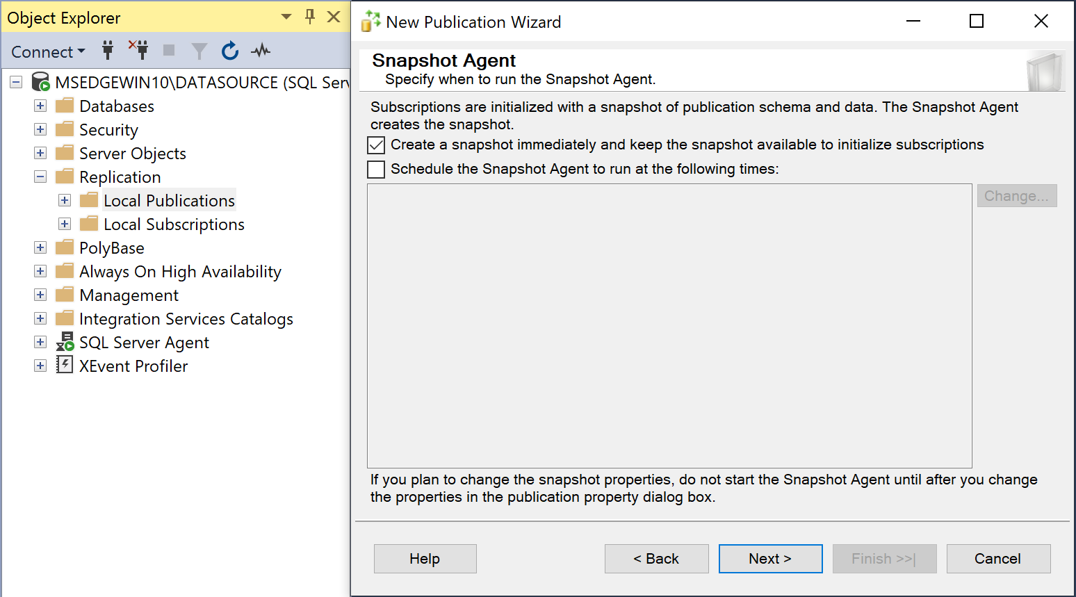 A screenshot of the New Publication Wizard in SSMS showing the "Create a snapshot immediately" option selected