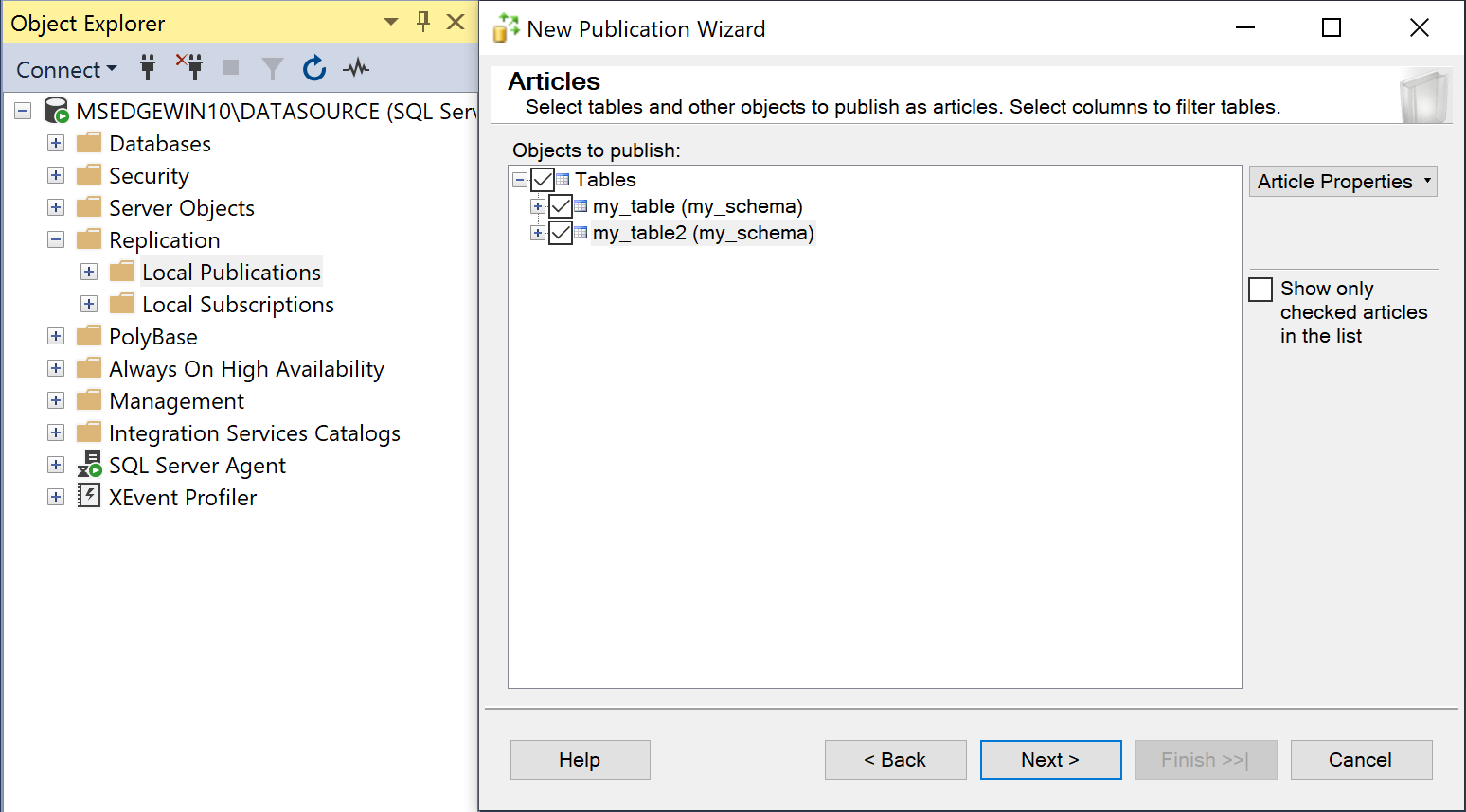 A screenshot of the New Publication Wizard in SSMS with the tables to replicate selected