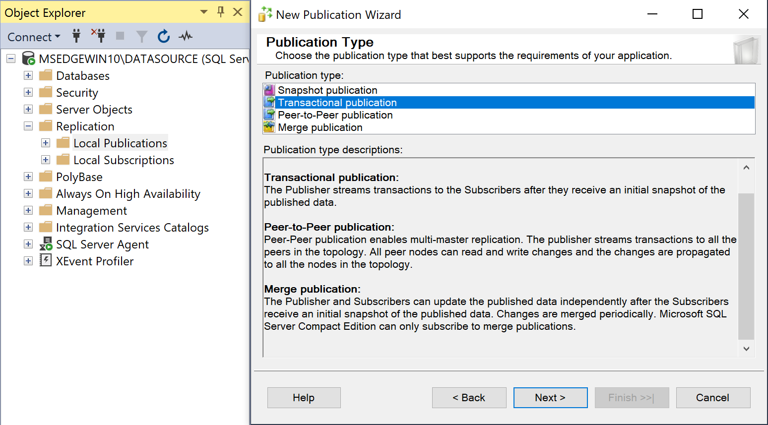 A screenshot of the New Publication Wizard in SSMS with Transactional Replication highlighted