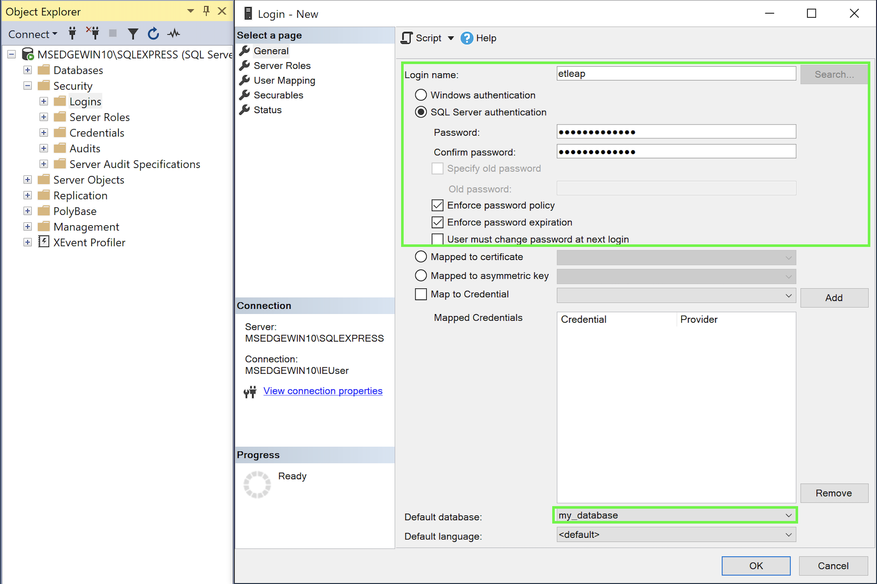 A screenshot of the New User screen in SSMS