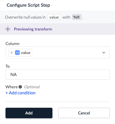 Screenshot of configuring the Overwrite Null Values text transform