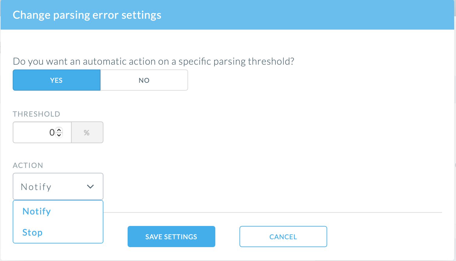 Parsing error settings