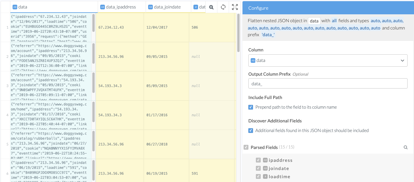 A screenshot of the Wrangler showing the Flatten nested JSON step with a preview of the result of applying the transform.