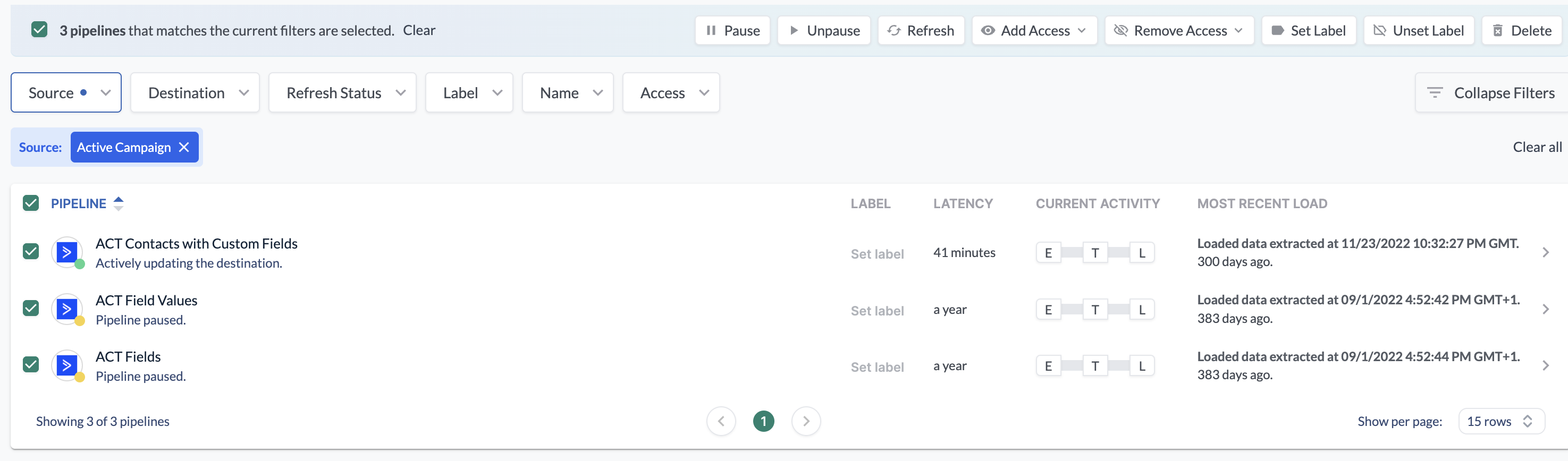 Bulk pipeline refresh from pipeline list page