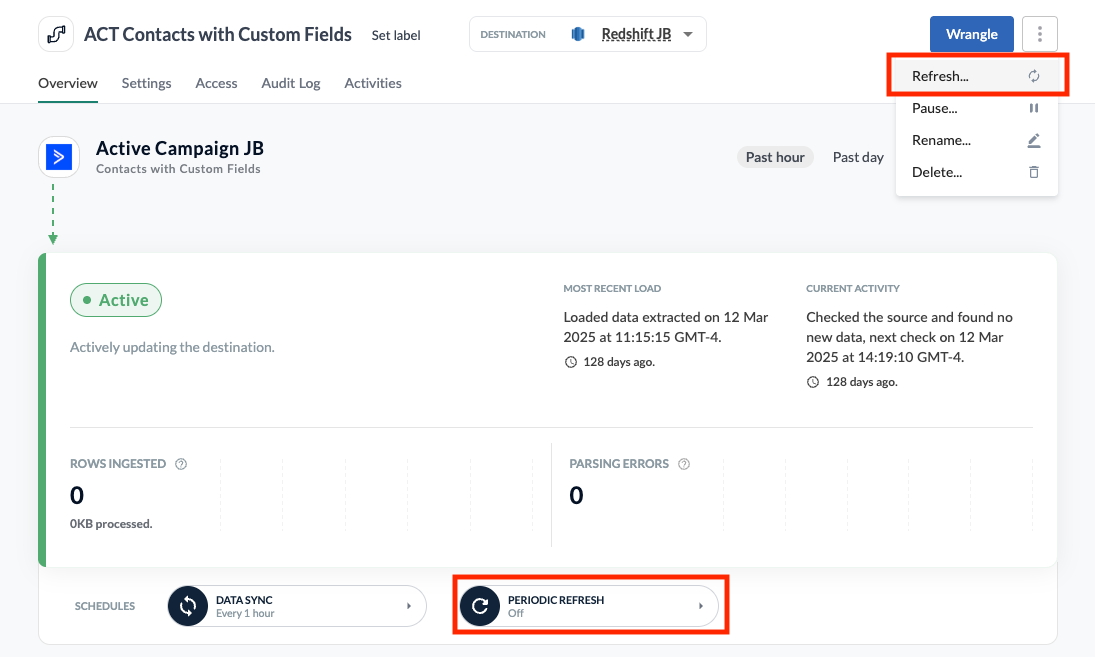 Refresh options on the pipeline overview page.