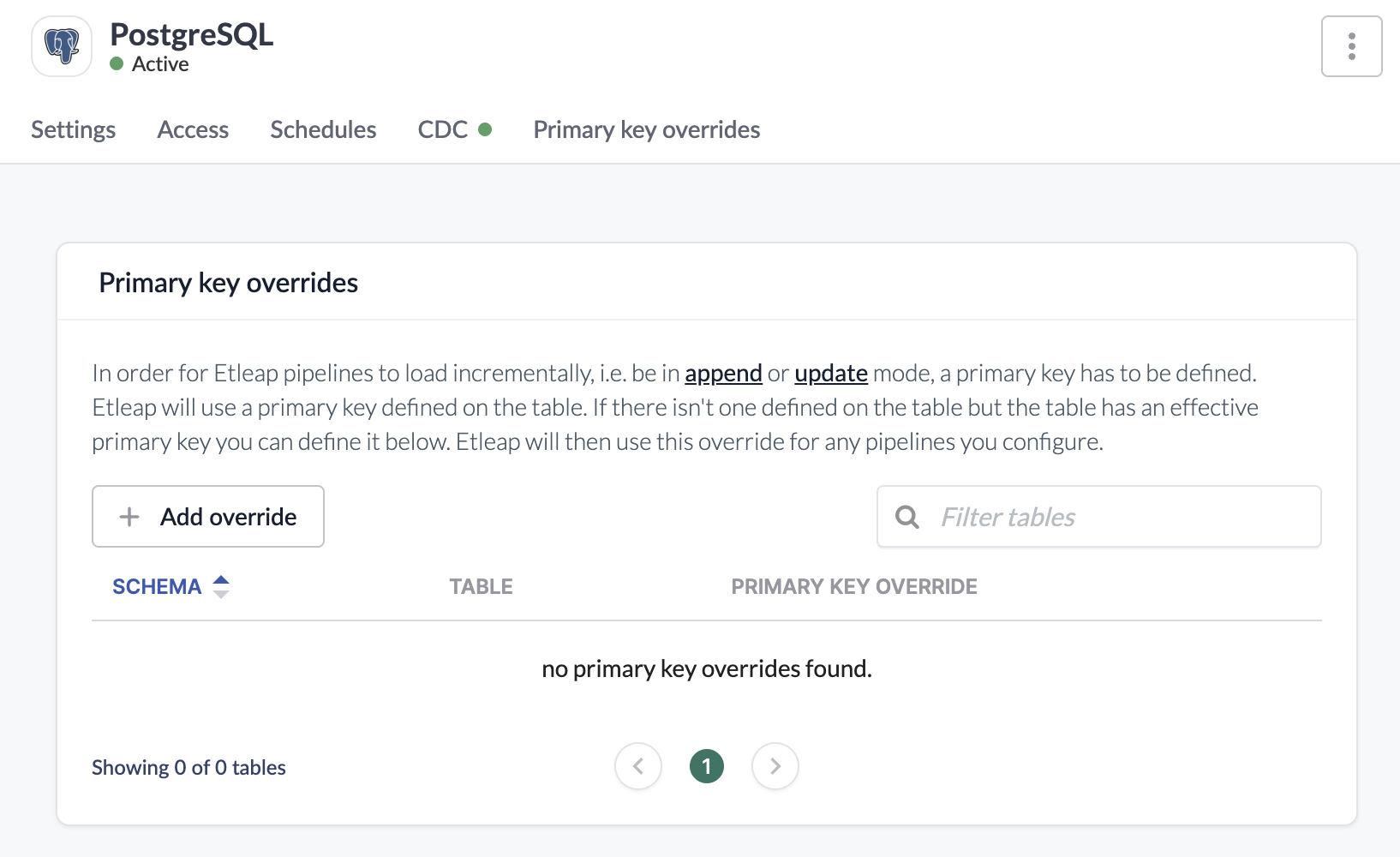 Primary Key Override Edit Connection