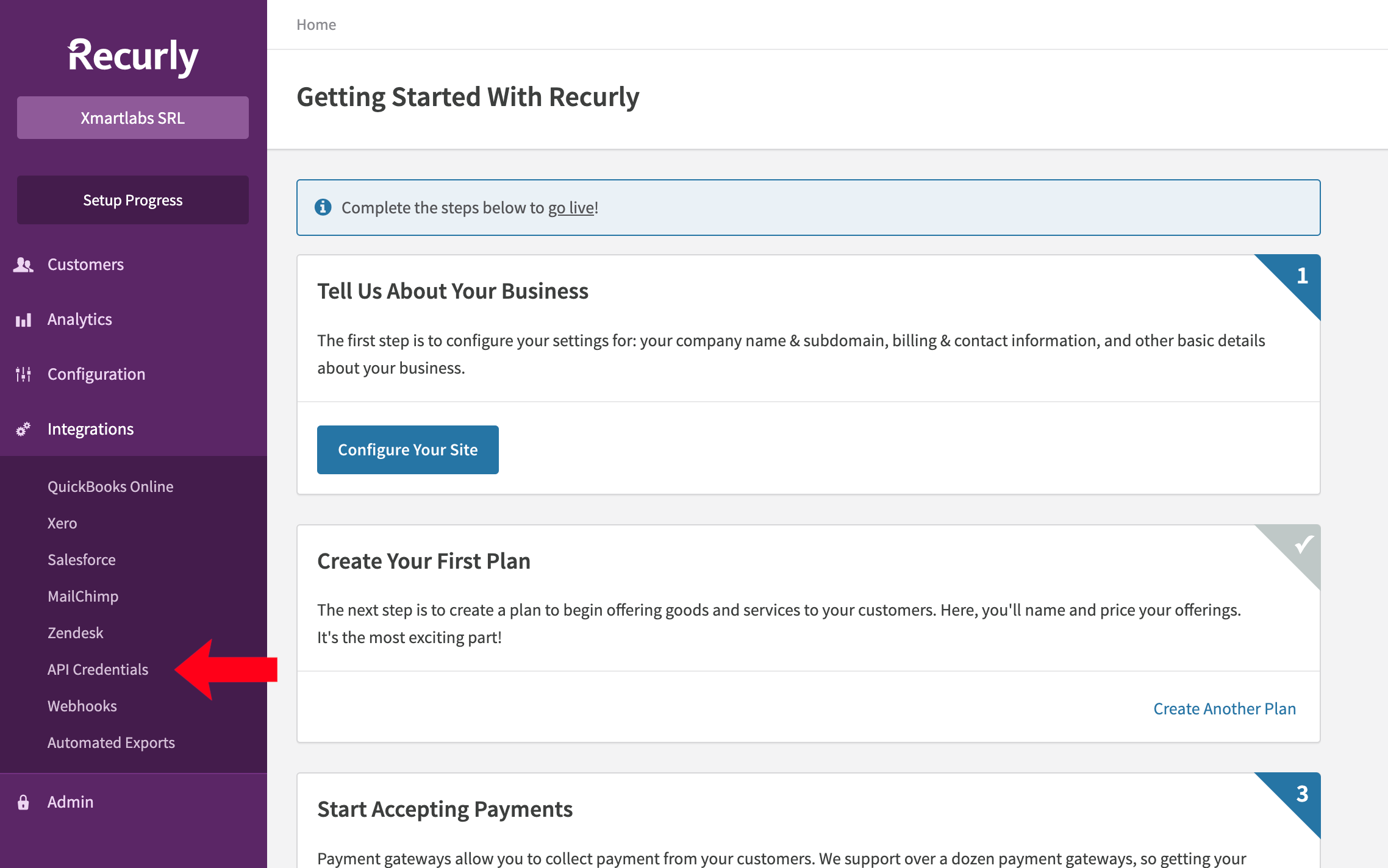 Recurly Menu Options