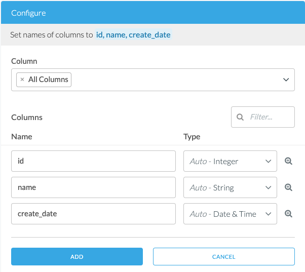 Screenshot of rename columns configuration