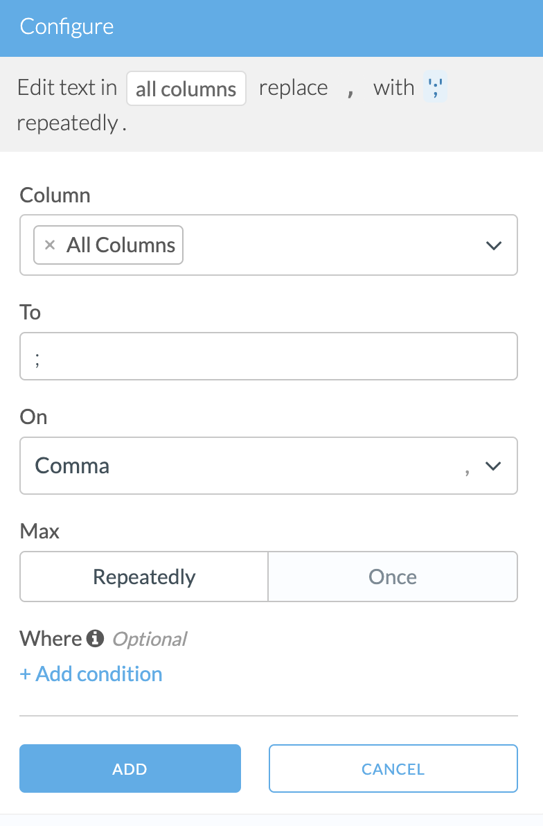 Screenshot of configuring the Edit text transform