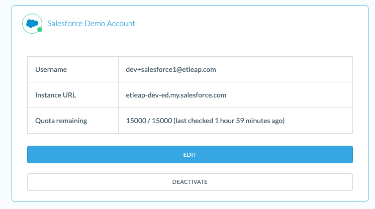Salesforce connection card showing the total quota usage.