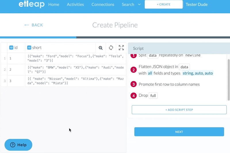 Screen Recording of adding the Extract JSON array to sub-table transform