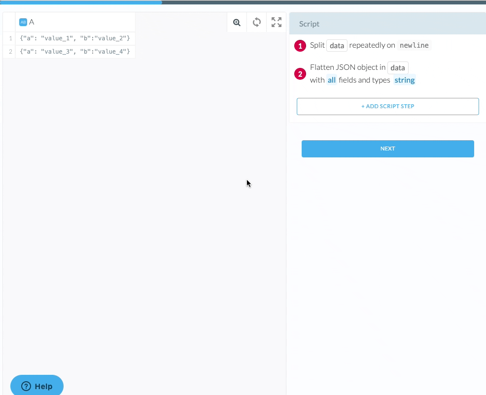 Screen Recording of adding the Flatten JSON Object transform