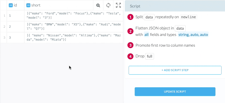 Screen Recording of adding the Split JSON array transform