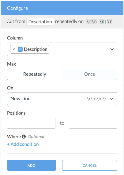 Screen shot of Cut Text transform