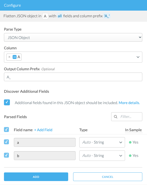 Screen Shot of Flatten JSON Object transform