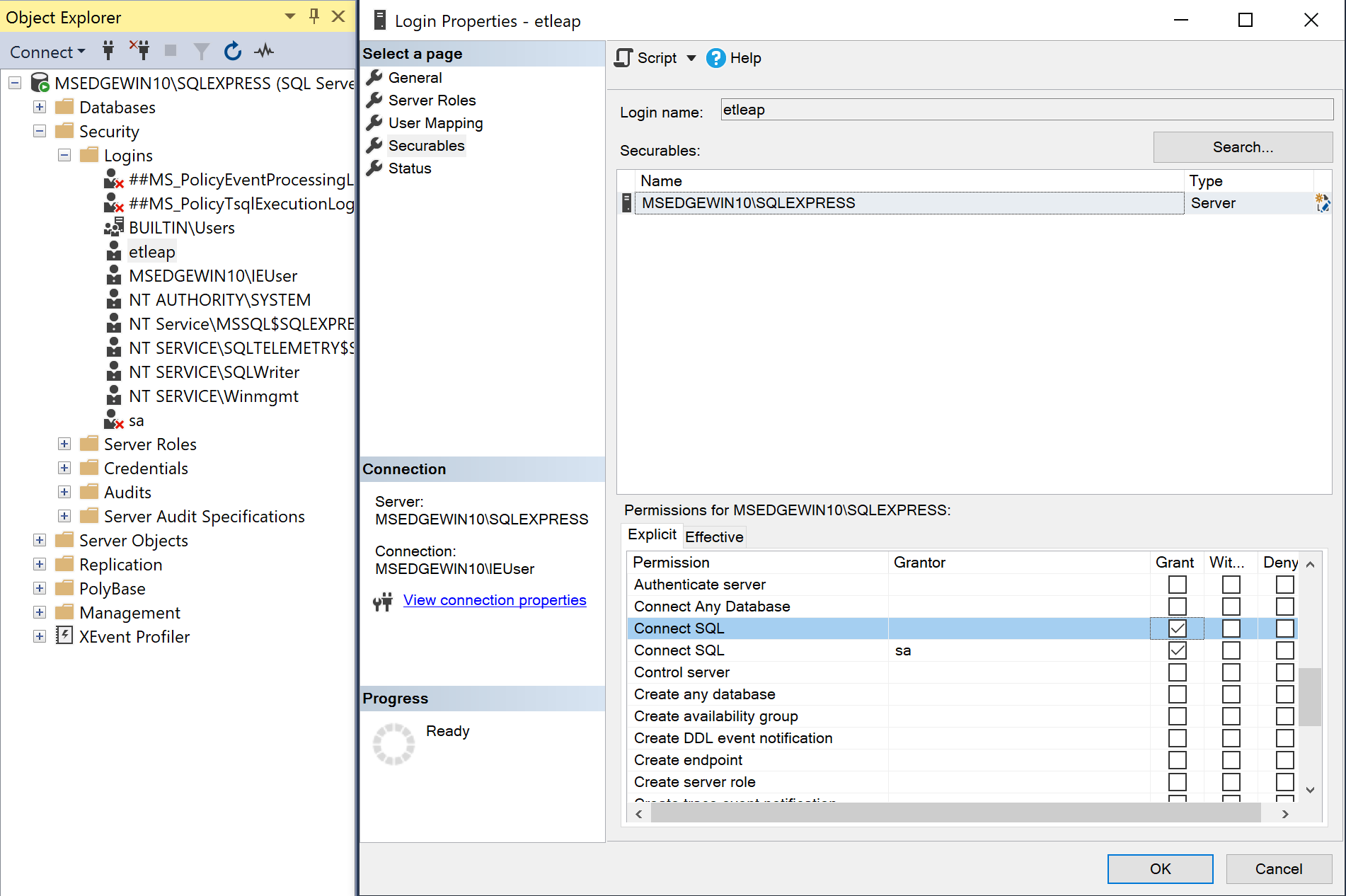 A screenshot of the Securables page for the new user in SSMS
