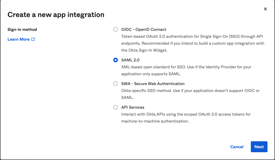 Select SAML 2.0 for the Sign-in method.