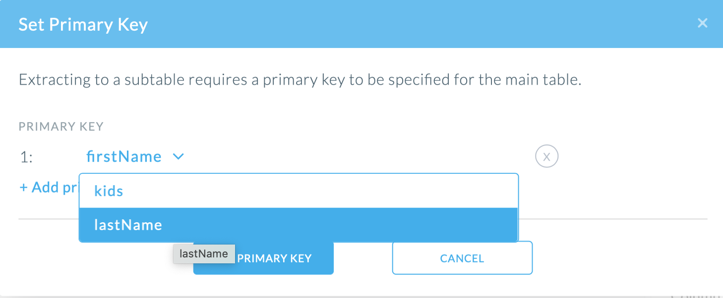 Set Primary Key dialogue window
